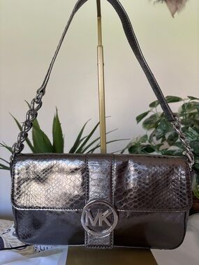Michael Kors Fulton Metallic Gunmetal Snake-Embossed Leather Shoulder Bag